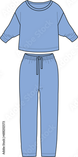 Nightwear to and bottom set for women flat sketch illustration. relax home wear for woman. 