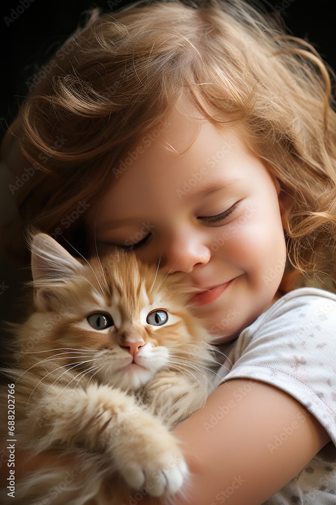 An adorable toddler giggles with delight as she snuggles a fuzzy little kitten in her arms. An adorable toddler giggles with delight as she snuggles a fuzzy little kitten in her arms.