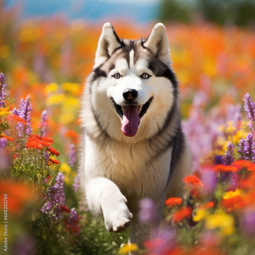 Siberian Husky Luna's Playful Day Among Spring Wildflowers