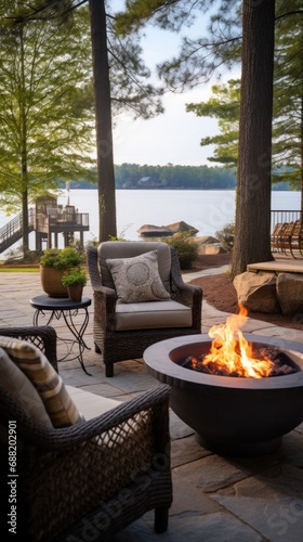An outdoor patio with a fire pit and comfortable seating,