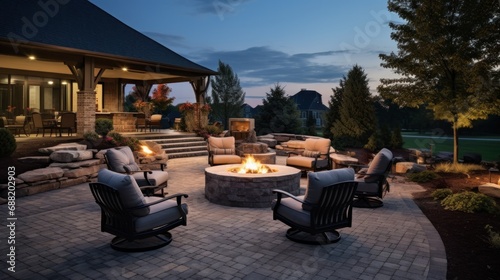 An outdoor patio with a fire pit and comfortable seating,