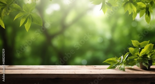 an outdoor picnic table with green leaf background 