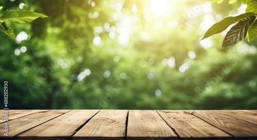 an outdoor picnic table with green leaf background,