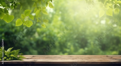 an outdoor picnic table with green leaf background,