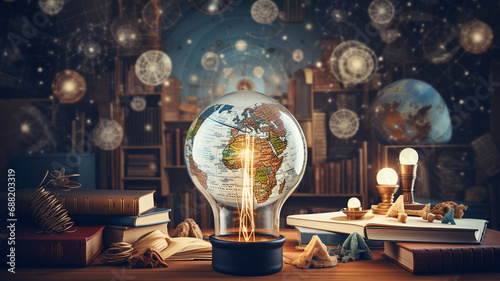 globe and books on wooden table. photo