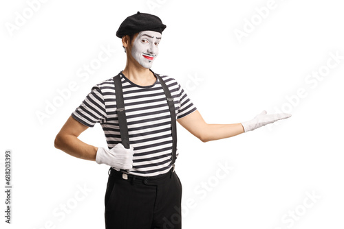 Mime aiming at something with hand