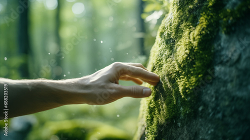 Male hand touches a tree with moss in the wild forest. Forest ecology. Wild nature, wild life. Earth Day. Traveler man in a beautiful green forest. Conservation, ecology, environment. Generated AI