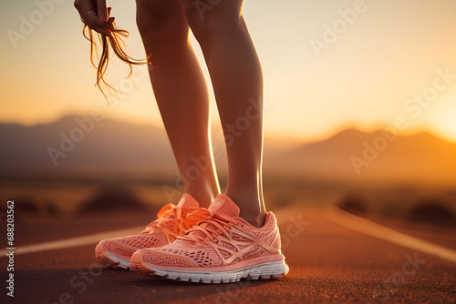 Female runner tying her shoes preparing for a jog focus on her shoes