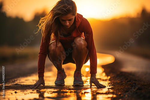 Female runner tying her shoes preparing for a jog focus on her shoes