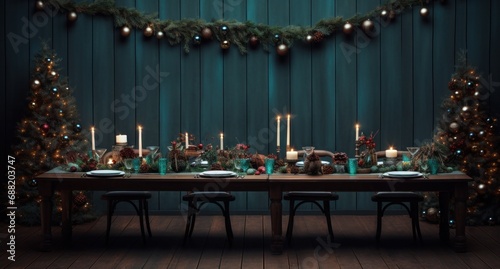 christmas table and background with lights,