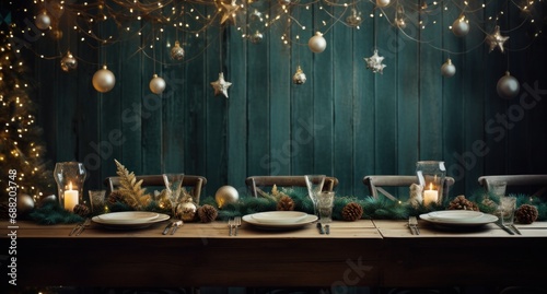 christmas table and background with lights,