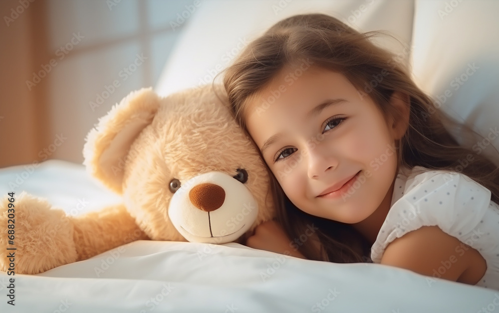 Cute little fair-skinned child girl hugging teddy bear. Love and tenderness. Happy childhood concept. Cute little fair-skinned child girl hugging teddy bear. Love and tenderness. Happy childhood concept.