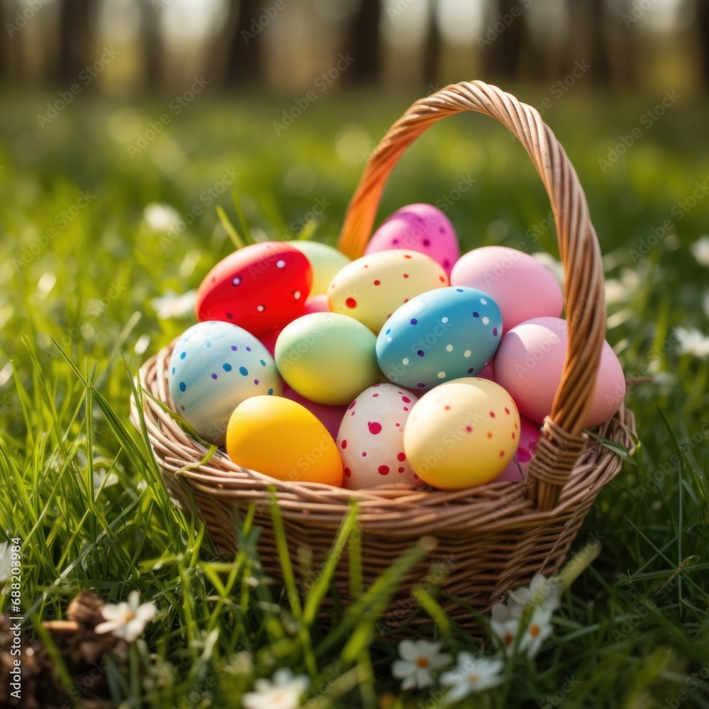 A traditional Easter basket filled with colorful eggs and nestled in green grass. A traditional Easter basket filled with colorful eggs and nestled in green grass.