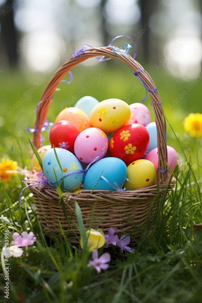 A traditional Easter basket filled with colorful eggs and nestled in green grass. A traditional Easter basket filled with colorful eggs and nestled in green grass.