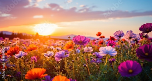colorful flowers in a field with blue sky and sun © olegganko