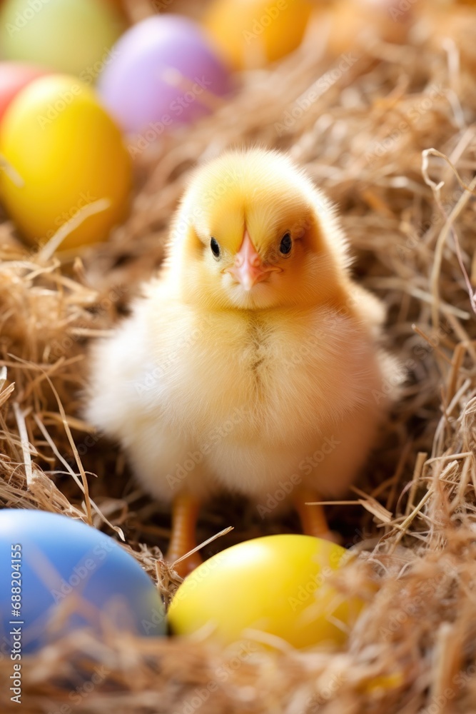 A fluffy yellow chick sitting among colorful eggs in a bed of straw.