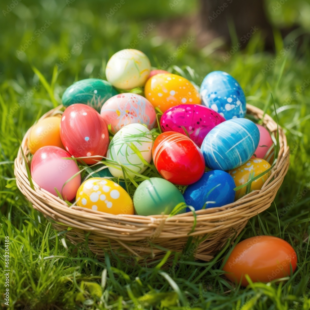 A close-up of a basket filled with vibrant Easter eggs in a grassy setting.