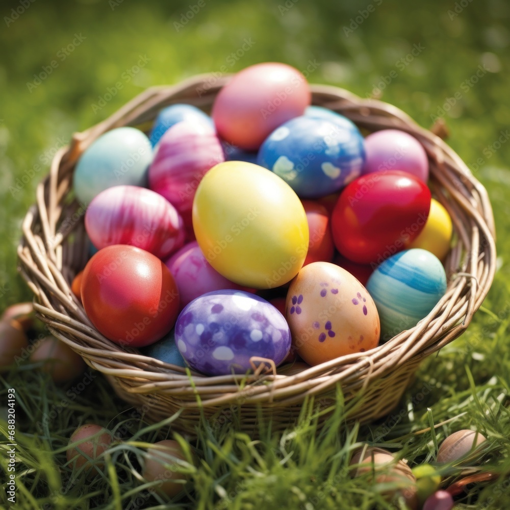 A close-up of a basket filled with vibrant Easter eggs in a grassy setting.