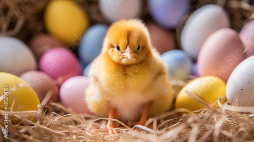 A fluffy yellow chick sitting among colorful eggs in a bed of straw. © olegganko