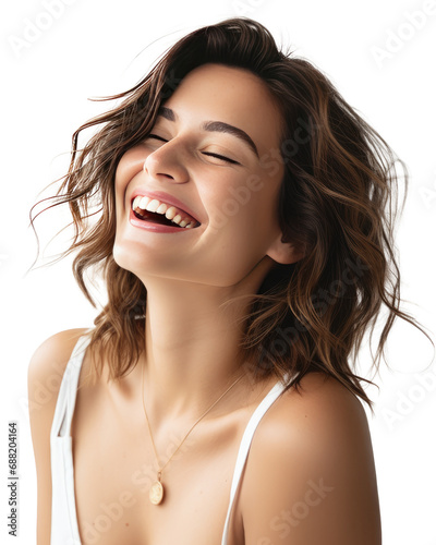 Portrait of a beautiful woman laughing, transparent background (PNG)