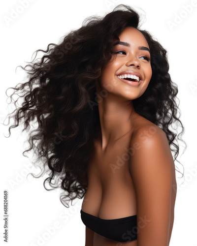 Portrait of a beautiful young black woman with long hair smiling, transparent background (PNG)