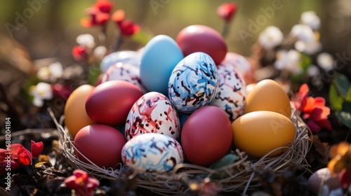 A close-up of a basket filled with vibrant Easter eggs in a grassy setting.