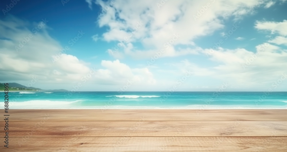 empty wooden table with an ocean view and sky with cloudy sky