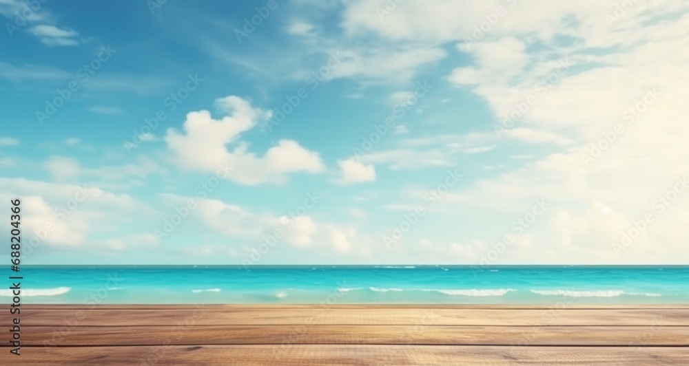 empty wooden table with an ocean view and sky with cloudy sky