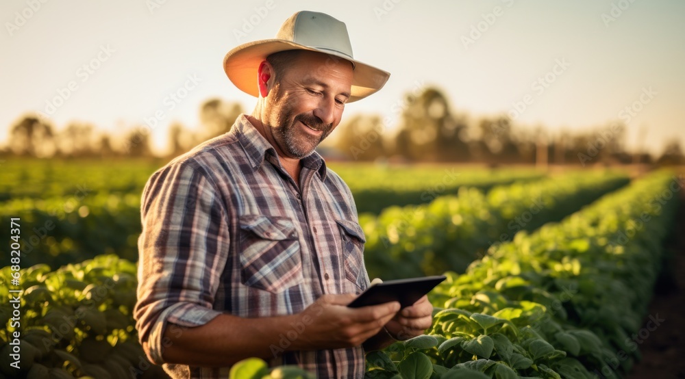 farmer using tablet in the field, glorious, salvagepunk, farmer using tablet in the field, glorious, salvagepunk,