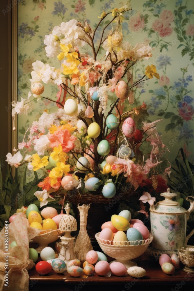 A classic Easter scene featuring a basket of eggs and a decorated Easter egg tree