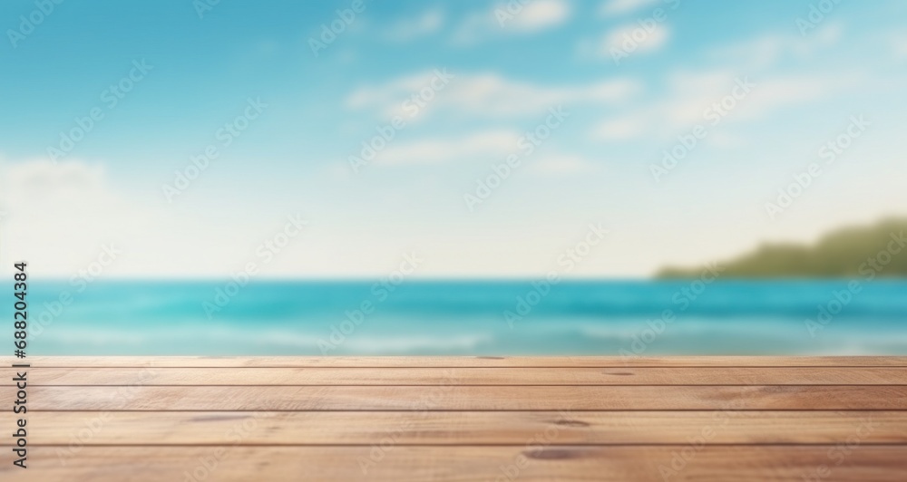 Fototapeta premium empty wooden table with an ocean view and sky with cloudy sky