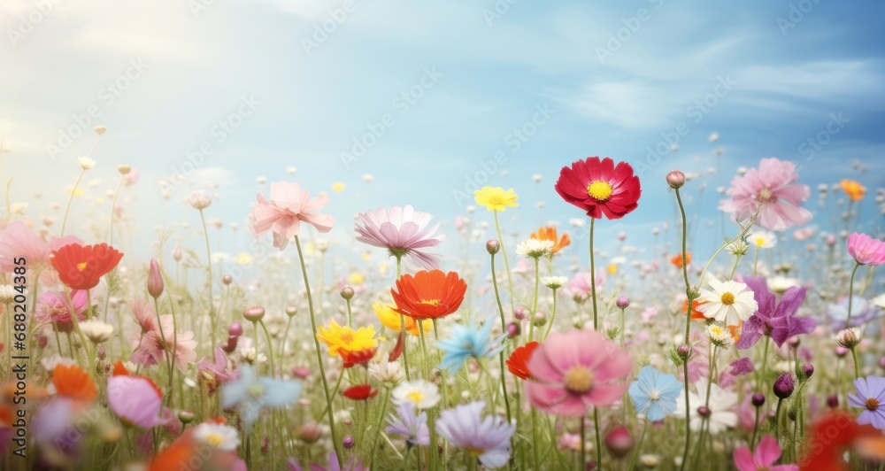 Fototapeta premium field of flowers with a rainbow behind it,