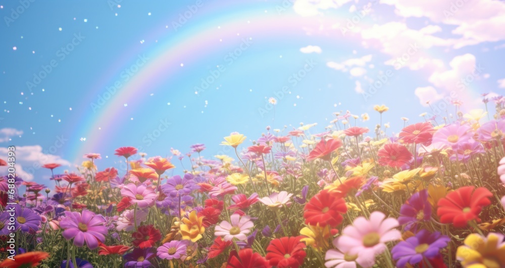 field of flowers with a rainbow behind it, field of flowers with a rainbow behind it,