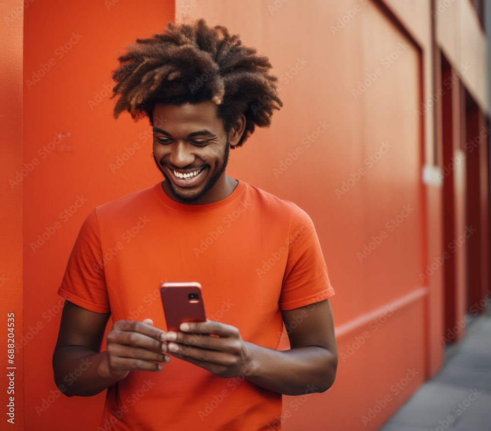 happy african american man using smartphone and smile, happy african american man using smartphone and smile,