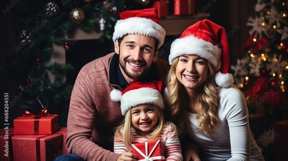 Happy family in Santa hats with gifts and decorations Happy family in Santa hats with gifts and decorations