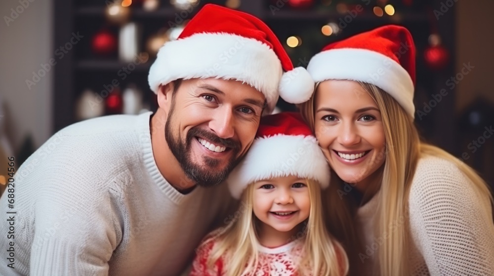 Happy family in Santa hats with gifts and decorations Happy family in Santa hats with gifts and decorations