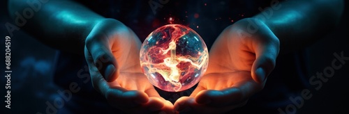 hand in hand with an energy light bulb on a cloudy background,