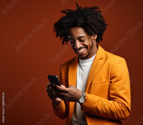 happy african american man using smartphone and smile,