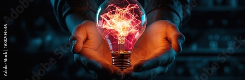 hand in hand with an energy light bulb on a cloudy background,