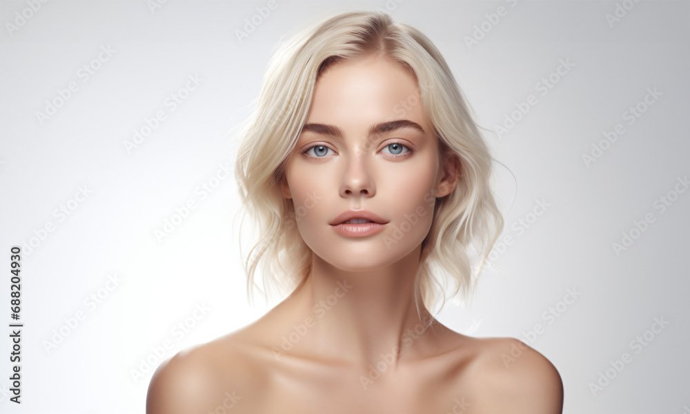 Beauty skin. Head and shoulders of blond woman model, touching glowing, hydrated facial skin, apply toner, skin cream or lotion for healthy look, after shower portrait, white background. Beauty skin. Head and shoulders of blond woman model, touching glowing, hydrated facial skin, apply toner, skin cream or lotion for healthy look, after shower portrait, white background.