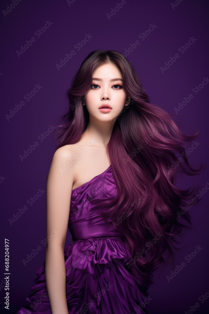 Young Asian beauty woman long hair in purple dress