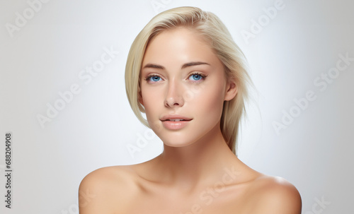 Beauty skin. Head and shoulders of blond woman model  touching glowing  hydrated facial skin  apply toner  skin cream or lotion for healthy look  after shower portrait  white background.