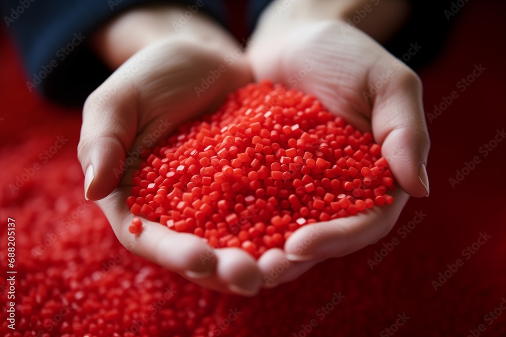 Human hands holding red plastic granules for injection molding process Human hands holding red plastic granules for injection molding process
