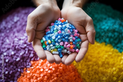 Hands holding multicolored plastic polymer pellets for plastic parts production