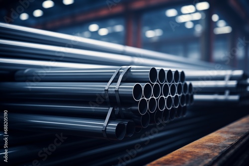 Bundles of new steel pipes in industrial storage