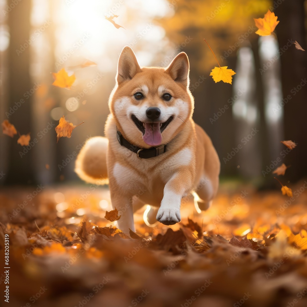 Autumn Frolic: Shiba Inu Among the Falling Leaves