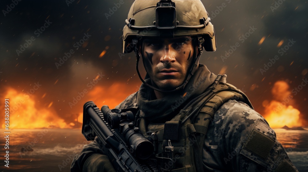 navy seal in world war 3, high quality, copy space, 16:9