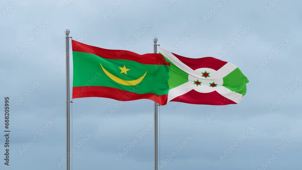 Burundi flag and Mauritania flag waving together on cloudy sky, endless seamless loop, two country relations concept Burundi flag and Mauritania flag waving together on cloudy sky, endless seamless loop, two country relations concept