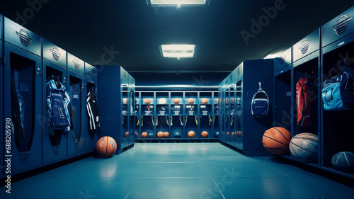 changing room with blue cabinets in the gym