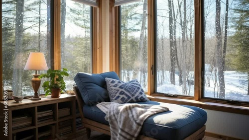 Looped animation of snowfall outside the window. A cozy place to read and relax. Festive winter atmosphere. 4k video